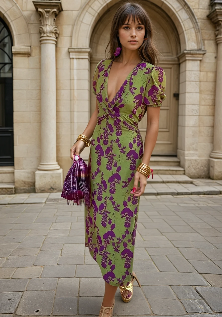 Carina | Langes Damenkleid mit floralem Muster und V-Ausschnitt