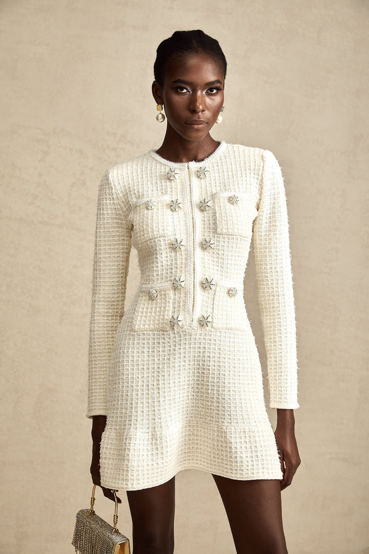 Liane weiße gestrickte ausgestellte Minikleid