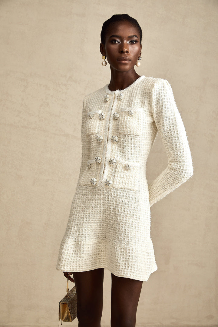 Liane weiße gestrickte ausgestellte Minikleid