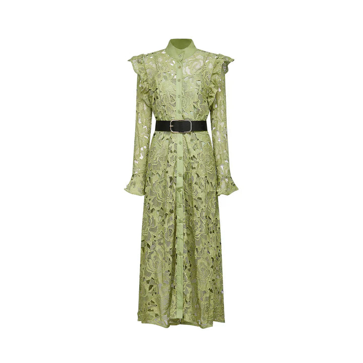 Noémie blumenbesticktes Midi-Kleid in Grün