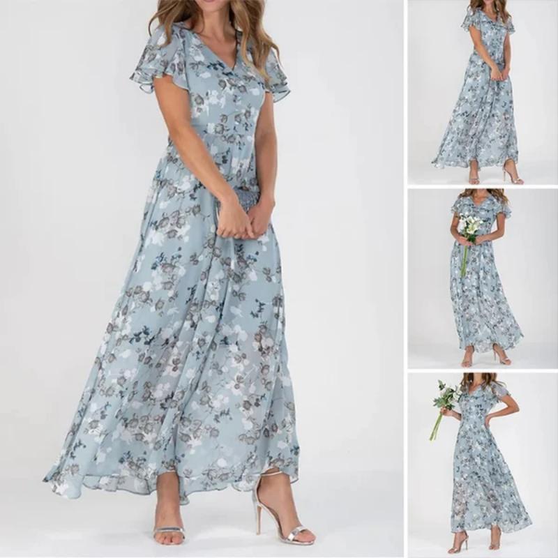 Lilly - Langes Kleid mit kurzen Ärmeln und Blumendruck--🔥Sparen Sie 50% Rabatt