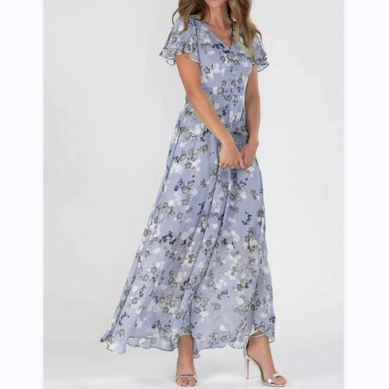 Lilly - Langes Kleid mit kurzen Ärmeln und Blumendruck--🔥Sparen Sie 50% Rabatt